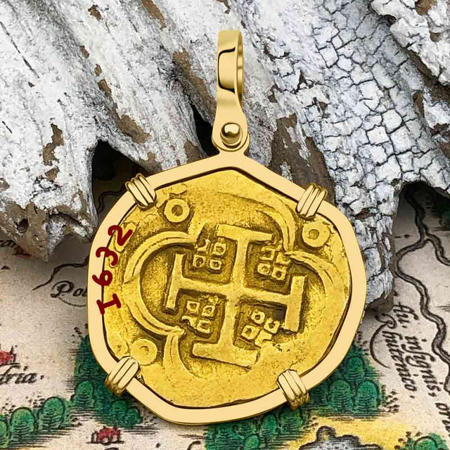 RARE Dated 1632 Pirate Era 22K Gold Four Escudo - the Legendary Doubloon - 18K Gold Pendant