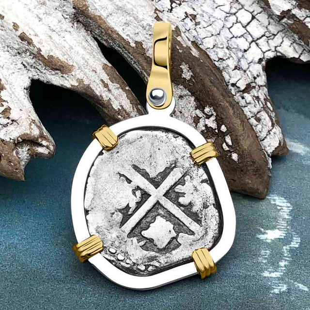Atocha Era Land Find Spanish 1 Reale Piece of Eight 14K Gold and Sterling Silver Pendant 