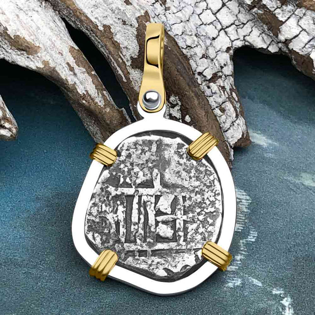 Atocha Era Land Find Spanish 1 Reale Piece of Eight 14K Gold and Sterling Silver Pendant 