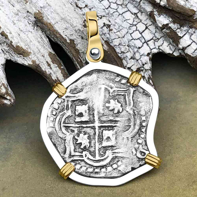 Atocha Era Land Find Spanish 1 Reale Piece of Eight 14K Gold and Sterling Silver Pendant 