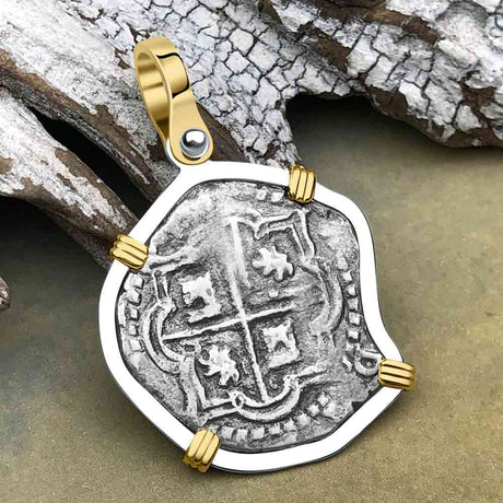 Atocha Era Land Find Spanish 1 Reale Piece of Eight 14K Gold and Sterling Silver Pendant 
