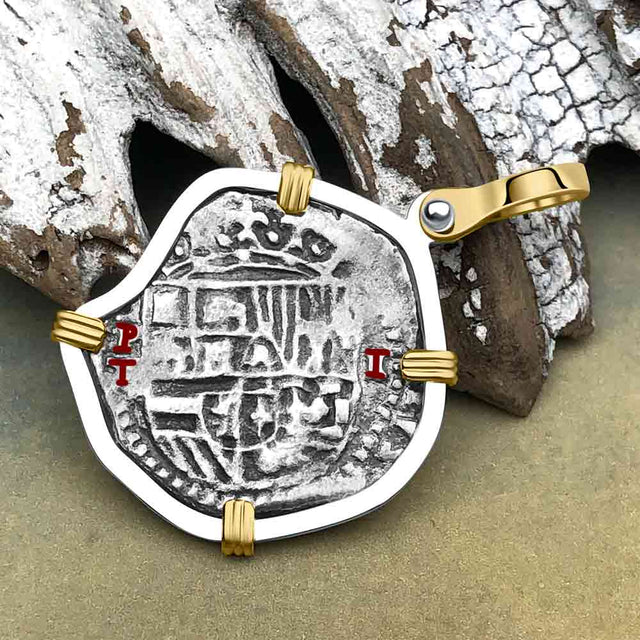 Atocha Era Land Find Spanish 1 Reale Piece of Eight 14K Gold and Sterling Silver Pendant 