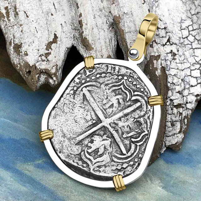 Atocha Era Land Find Spanish 2 Reale Piece of Eight 14K Gold and Sterling Silver Pendant