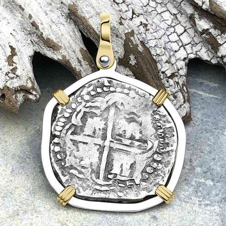 Atocha Era Land Find Spanish 2 Reale Piece of Eight 14K Gold and Sterling Silver Pendant