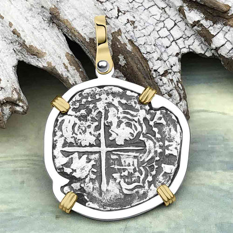 Atocha Era Land Find Spanish 2 Reale Piece of Eight 14K Gold and Sterling Silver Pendant