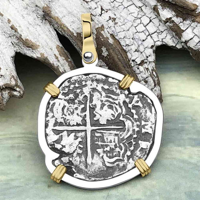 Atocha Era Land Find Spanish 2 Reale Piece of Eight 14K Gold and Sterling Silver Pendant