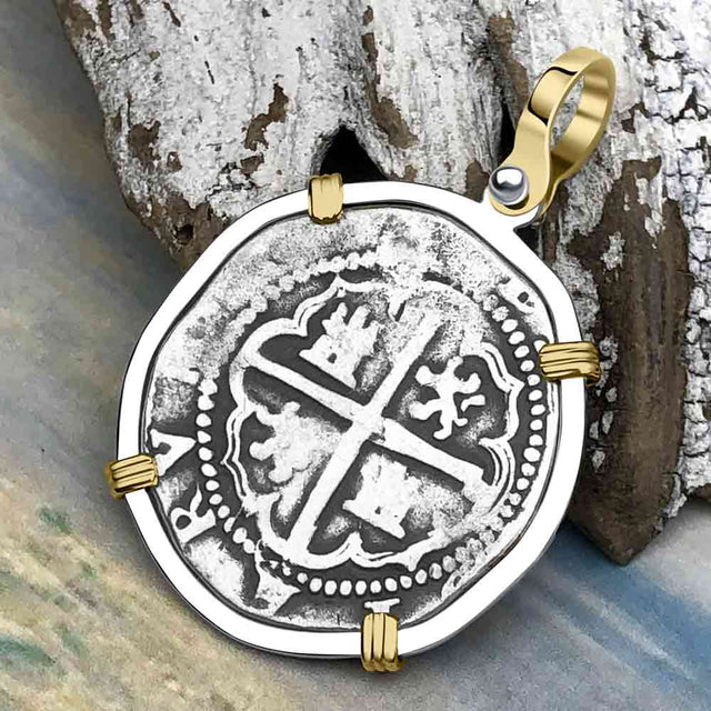 Atocha Era Land Find Spanish 2 Reale Piece of Eight 14K Gold and Sterling Silver Pendant