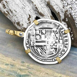Atocha Era Land Find Spanish 2 Reale Piece of Eight 14K Gold and Sterling Silver Pendant