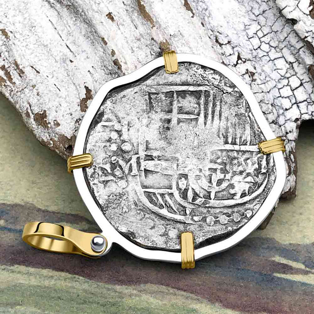 Atocha Era Land Find Spanish 4 Reale Piece of Eight 14K Gold and Sterling Silver Pendant | Artifact #7010