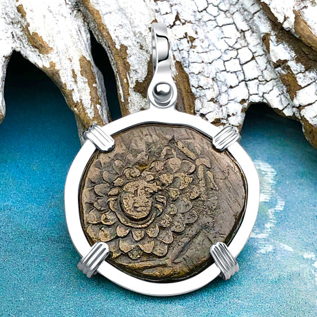 Ancient Greek Medusa & Nike Protection and Victory Bronze Coin 120 BC Sterling Silver Pendant