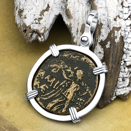 Ancient Greek Medusa & Nike Protection and Victory Bronze Coin 120 BC Sterling Silver Pendant