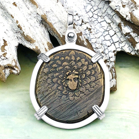 Ancient Greek Medusa & Nike Protection and Victory Bronze Coin 120 BC Sterling Silver Pendant