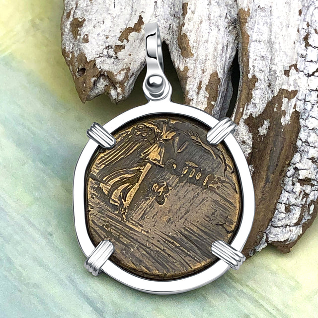 Ancient Greek Medusa & Nike Protection and Victory Bronze Coin 120 BC Sterling Silver Pendant