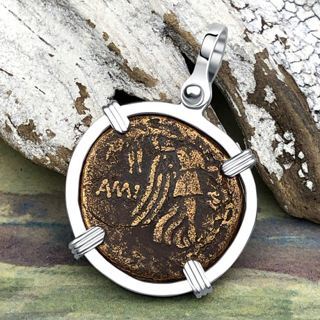 Ancient Greek Medusa & Nike Protection and Victory Bronze Coin 120 BC Sterling Silver Pendant