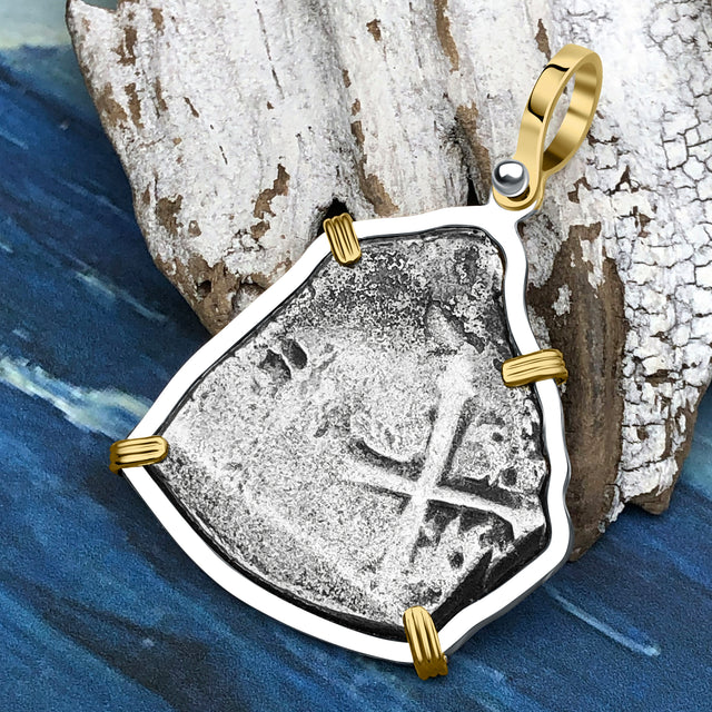 1715 Fleet Shipwreck Pirate Era Spanish 4 Reale Piece of 8 14K Gold and Sterling Silver Pendant