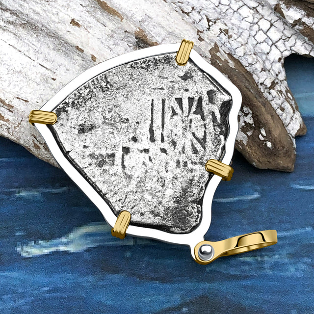 1715 Fleet Shipwreck Pirate Era Spanish 4 Reale Piece of 8 14K Gold and Sterling Silver Pendant