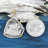 1715 Fleet Shipwreck Pirate Era Spanish 4 Reale Piece of 8 14K Gold and Sterling Silver Pendant