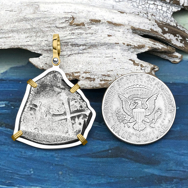 1715 Fleet Shipwreck Pirate Era Spanish 4 Reale Piece of 8 14K Gold and Sterling Silver Pendant