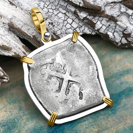 1715 Fleet Shipwreck Pirate Era Spanish 4 Reale Piece of 8 14K Gold and Sterling Silver Pendant