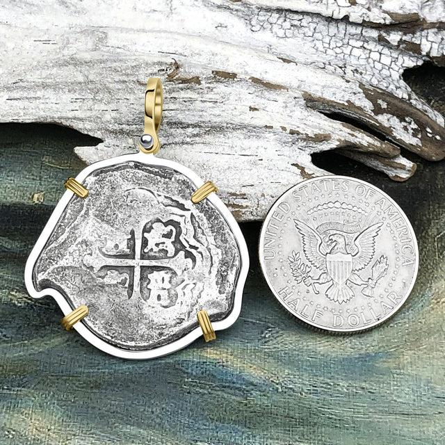 1715 Fleet Shipwreck Pirate Era Spanish 8 Reale Piece of 8 14K Gold and Sterling Silver Pendant