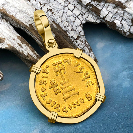 Byzantine Empire Victory Cross 24K Gold Solidus Coin Circa 610 AD in 18K Gold Pendant 