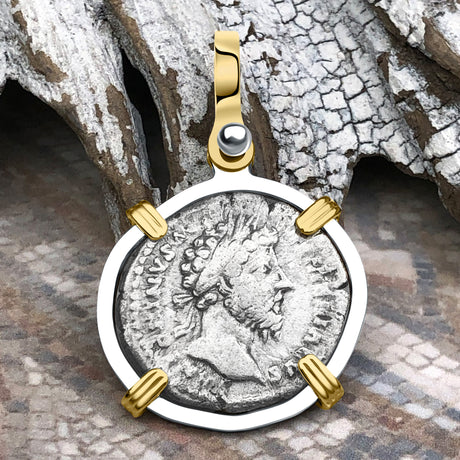 Roman Empire Silver Denarius Coin of Marcus Aurelius, the Philosopher Warrior 164 AD 14K Gold and Sterling Silver Pendant