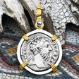 Roman Empire Silver Denarius Coin of Marcus Aurelius, the Philosopher Warrior 170 AD 14K Gold & Sterling Silver Pendant 