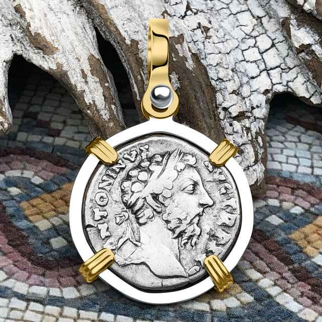 Roman Empire Silver Denarius Coin of Marcus Aurelius, the Philosopher Warrior 170 AD 14K Gold & Sterling Silver Pendant 