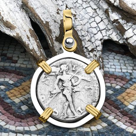Roman Empire Silver Denarius Coin of Marcus Aurelius, the Philosopher Warrior 170 AD 14K Gold & Sterling Silver Pendant 