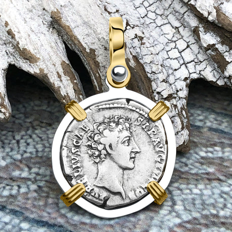 Roman Empire Silver Denarius Coin of Marcus Aurelius, the Philosopher Warrior 140 AD 14K Gold & Sterling Silver Pendant