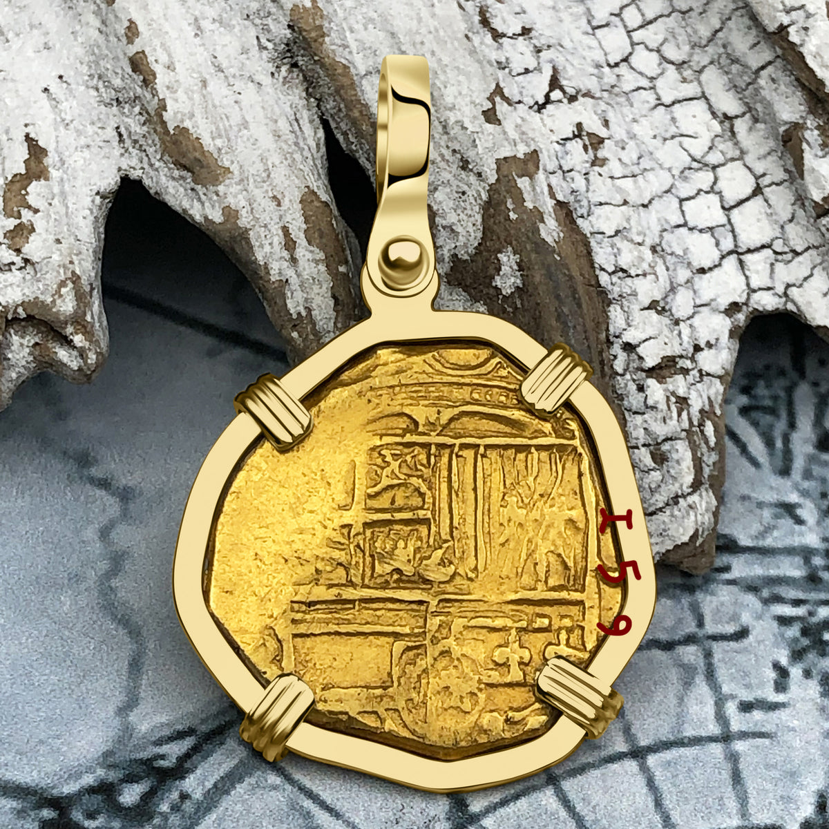 Dated 1593 22K Gold 2 Escudo - the Legendary Doubloon - 18K Gold Pendant 