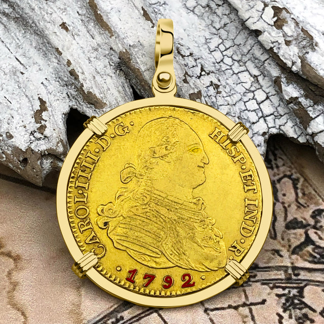 1792 Spanish 22K Gold Portrait 4 Escudo - the Legendary Pirate Era Doubloon - 18K Gold Pendant