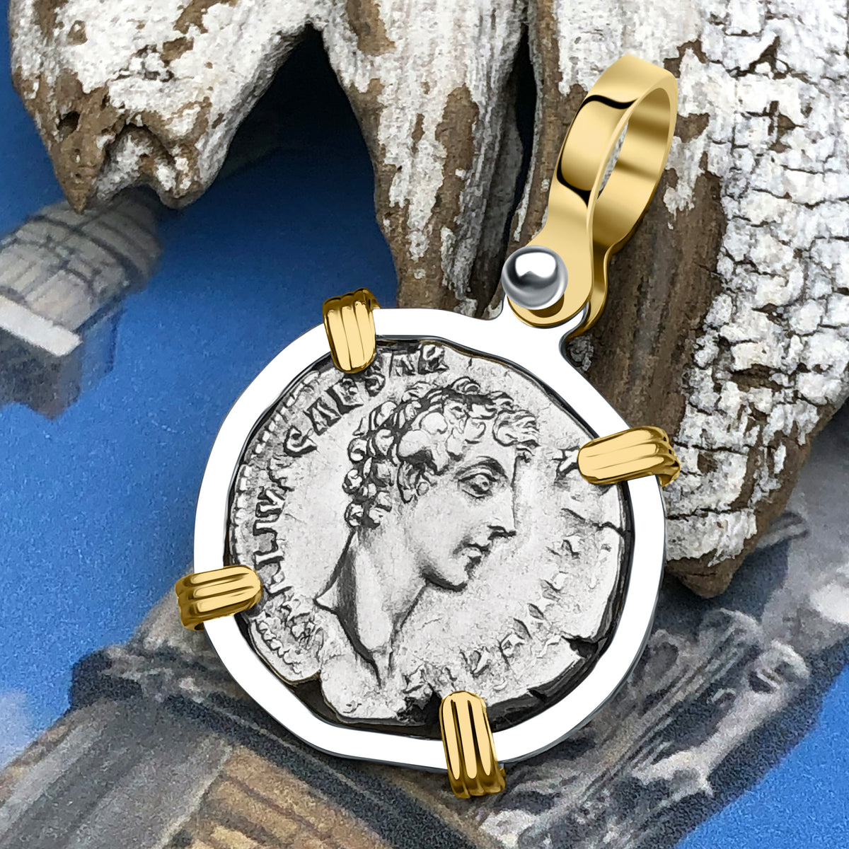 Roman Empire Silver Denarius Coin of Marcus Aurelius, the Philosopher Warrior 140 AD 14K Gold & Sterling Silver Pendant