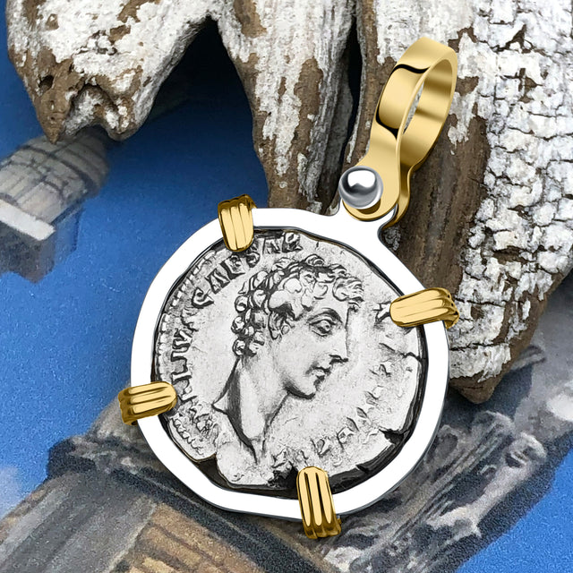 Roman Empire Silver Denarius Coin of Marcus Aurelius, the Philosopher Warrior 140 AD 14K Gold & Sterling Silver Pendant