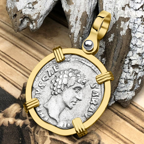 Roman Empire Silver Denarius Coin of Marcus Aurelius, the Philosopher Warrior 145 AD 14K Gold Pendant