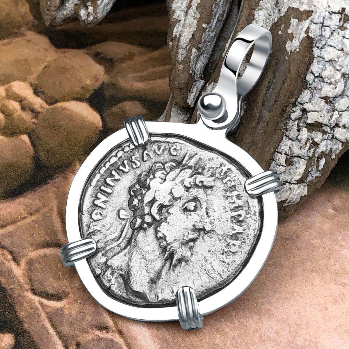 Roman Empire Silver Denarius Coin of Marcus Aurelius, the Philosopher Warrior 166 AD 14K White Gold Pendant