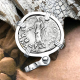 Roman Empire Silver Denarius Coin of Marcus Aurelius, the Philosopher Warrior 166 AD 14K White Gold Pendant