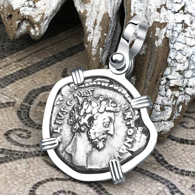Roman Empire Silver Denarius Coin of Marcus Aurelius, the Philosopher Warrior 157 AD 14K White Gold Pendant