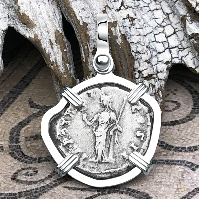 Roman Empire Silver Denarius Coin of Marcus Aurelius, the Philosopher Warrior 157 AD 14K White Gold Pendant