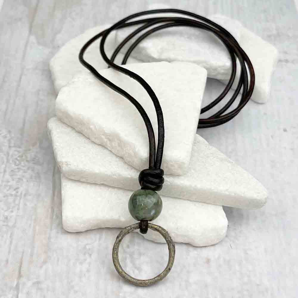 Light Green Bronze Celtic Ring Money & Fancy Jasper Leather Necklace