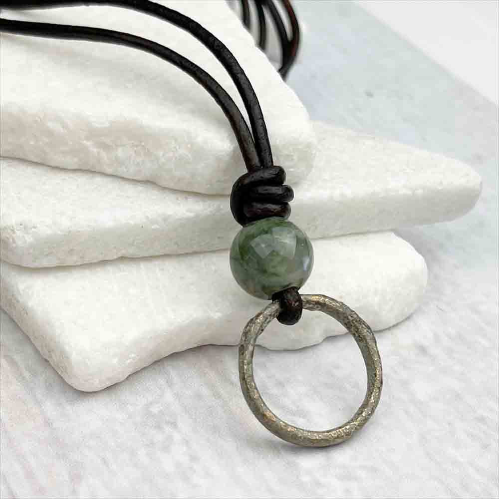 Light Green Bronze Celtic Ring Money & Fancy Jasper Leather Necklace