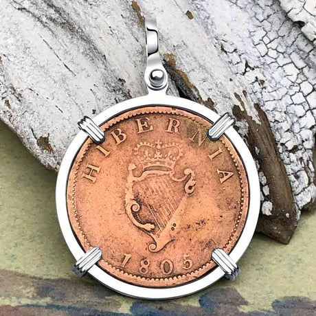 1805 Celtic Harp Irish Copper Half Penny Dublin Hoard Sterling Silver Pendant