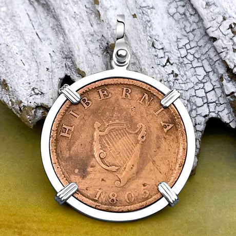 1805 Celtic Harp Irish Copper Half Penny Dublin Hoard Sterling Silver Pendant