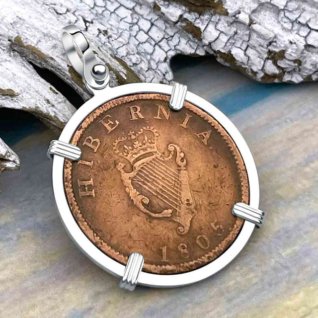 1805 Celtic Harp Irish Copper Half Penny Dublin Hoard Sterling Silver Pendant