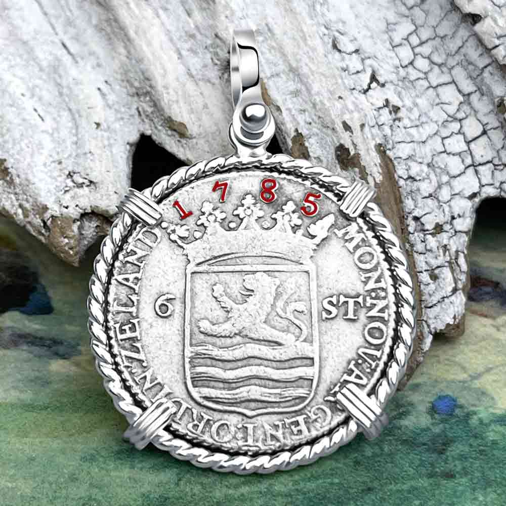 Dutch East India Company 1785 Silver 6 Stuiver Ship Shilling &quot;I Struggle and Survive&quot; Sterling Silver Pendant