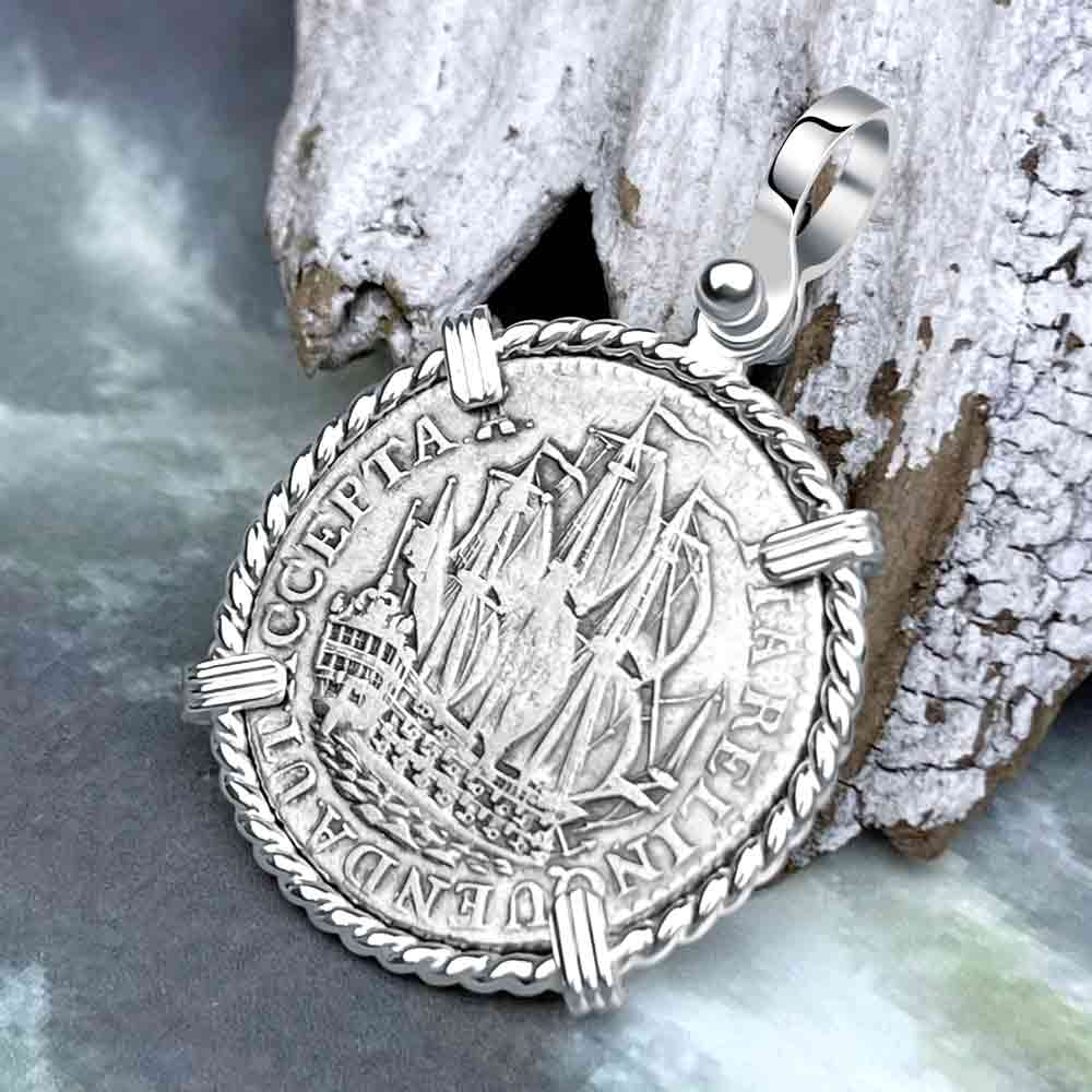 Dutch East India Company 1765 Silver 6 Stuiver Ship Shilling &quot;I Struggle and Survive&quot; Sterling Silver Pendant
