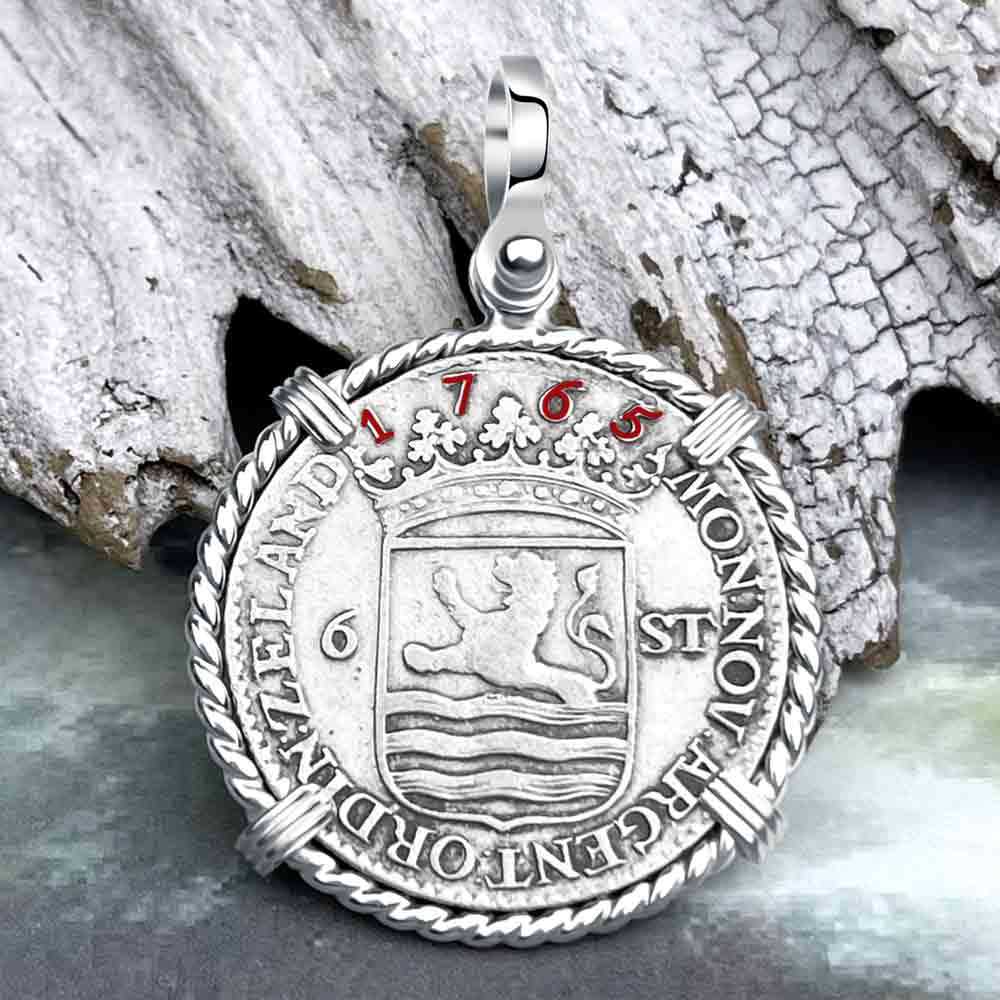Dutch East India Company 1765 Silver 6 Stuiver Ship Shilling &quot;I Struggle and Survive&quot; Sterling Silver Pendant