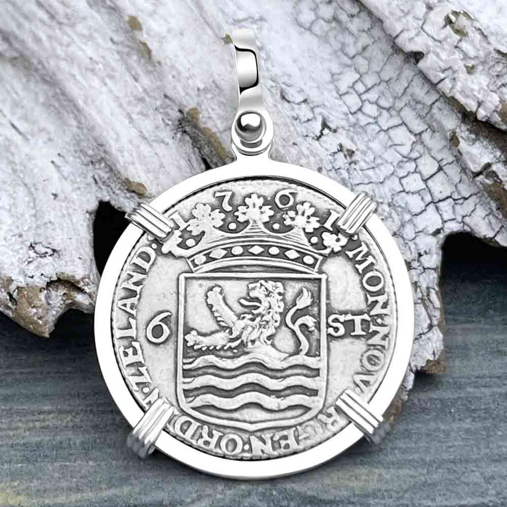 Dutch East India Company 1761 Silver 6 Stuiver Ship Shilling &quot;I Struggle and Survive&quot; Sterling Silver Pendant