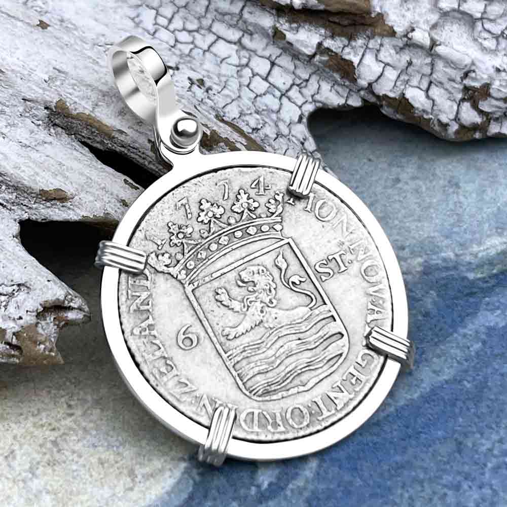 Dutch East India Company 1774 Silver 6 Stuiver Ship Shilling &quot;I Struggle and Survive&quot; Sterling Silver Pendant