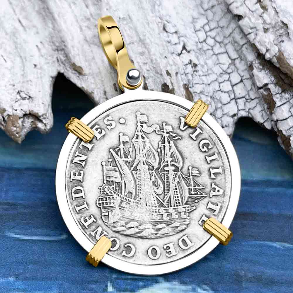 1759 Dutch East India Company Silver 6 Stuiver Ship Shilling "Vigilantly Trusting God" 14K Gold & Sterling Silver Pendant
